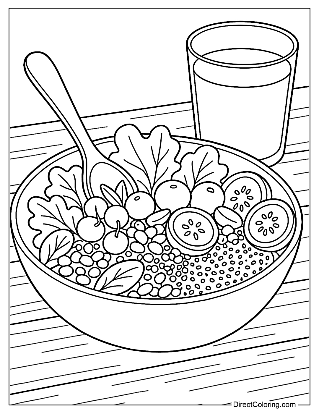Coloring page of a cool salad bowl with lettuce, cherries, cucumbers, red beans, sweet corn and chia seeds